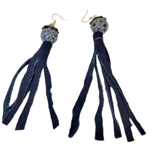 14K Gold Plated Blue Suede Fringe Snowflake Obsidian Earrings